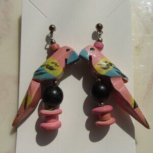 Vintage Colorful Hand Painted Wooden Parrot Bird Dangle Earrings